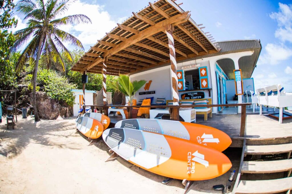 JT Pro Center beach base with kitesurf boards on Union Island