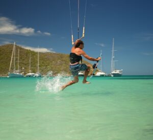 Jeremie Tronet in a GTA-style kitesurfing video frame